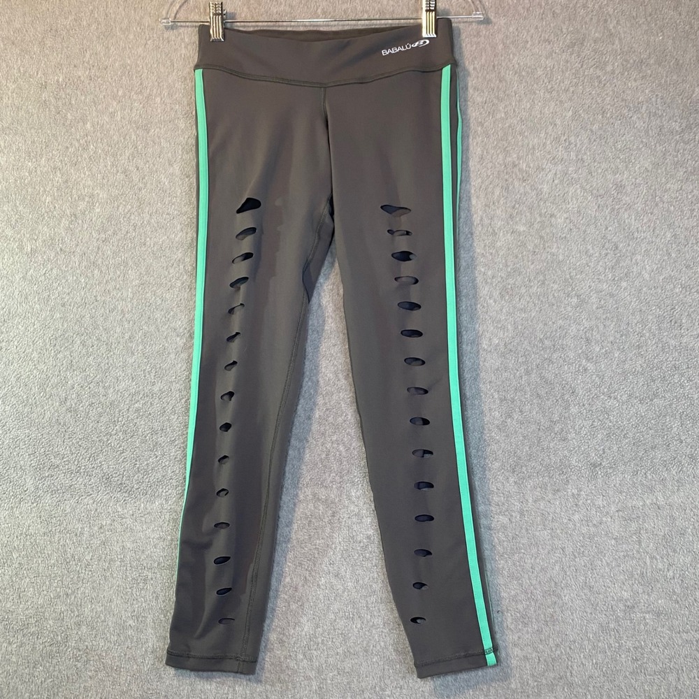 Babalu Laser Cut Leggings Women's One Size Gray‎ Mint Stripe Distressed Yoga EUC